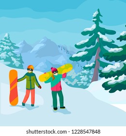 Vector illustration flat cartoon style girls with snowboards posing on winter mountain landscape winter sport snowboarding winter forest with mountains sportive girls winter activities snowboard girls