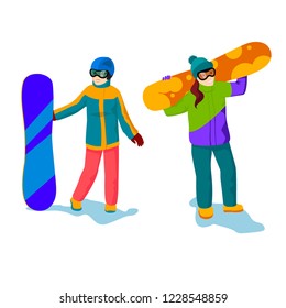 Vector illustration flat cartoon style girls with snowboards posing isolated on white winter sport snowboarding winter snowboard sportive girls winter activities snowboard girls isolated on white