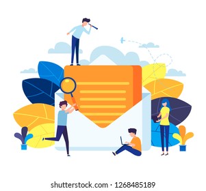 Vector illustration in flat cartoon style, concept of an e-mail message, a new incoming sms, a large document climbs out of the envelope and contains the message, mail notification sending