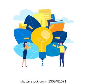 vector illustration in a flat cartoon style, online assistant at work. promotion in the network. manager with team searching for new ideas solutions, working together in the company, brainstorming