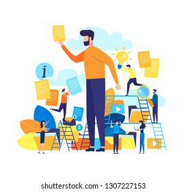 Vector illustration, flat cartoon style, Small people assistant at work. Manager at remote work, searching for new ideas, solutions, working together in the company, brainstorming