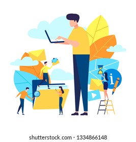 Vector illustration, flat cartoon style. Small people assist big man at work. Manager at remote work, searching for new ideas, solutions, working together in the company, brainstorming