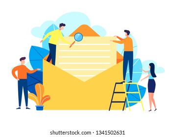 Vector illustration in flat cartoon style, concept of an e-mail message, a new incoming sms, a large document climbs out of the envelope and contains the message, mail notification sending