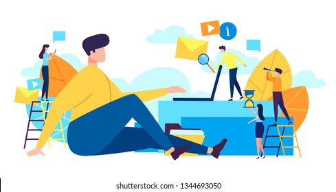 Vector illustration, flat cartoon style. Small people assist giant man at work. Manager at remote work, searching for new ideas, solutions, working together in the company, brainstorming