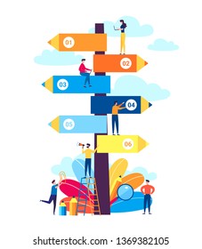 Vector illustration in a flat cartoon style, pencil direction sign in different destinations, choice of directions, travel to different places, tasks schedule