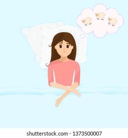 Vector illustration in flat cartoon style with sad sleepless woman in bed counts sheeps. Female insomniac trying to fall asleep. Problem of sleeplessness, nightmares, sleep disorder.