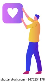 Vector illustration in flat cartoon style with character - influencer marketing concept - blogger promotion services. Man with like symbol.