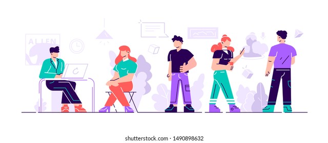 Vector illustration in flat cartoon style. Men and women sitting at desk and standing in modern office, working at computers and talking with colleagues. Effective and productive teamwork. 