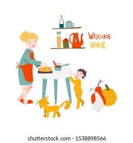 Vector illustration in flat cartoon style. Mother baking a pie with her little son.  