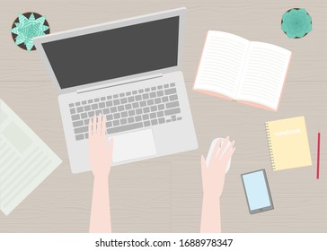 Vector illustration in flat cartoon style of hands, laptop, notebook, pencil etc top view. For poster, design of page site, web and advertising banner, article,  card or flyer, promotion, mailing.