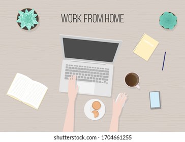 Ilustración vectorial en forma de caricatura plana de las manos, la vista superior de la laptop y el texto Trabajo desde casa. Para el afiche, el diseño del sitio web, el banner web y publicitario, artículo, tarjeta o volante, promoción, correo.