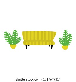  Vektorillustration im flachen Cartoon-Stil. Gelbes gestreiftes Sofa und Pflanzen auf den Seiten.