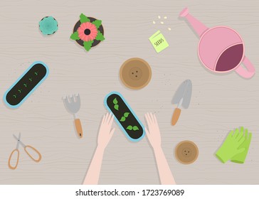 Ilustración vectorial en dibujo plano de las manos y herramientas de jardín vista superior. Para el afiche, el diseño del sitio web, el banner web y publicitario, artículo, tarjeta o volante, promoción, correo.