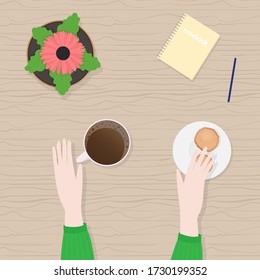 Vector illustration in flat cartoon style of hands, cup of coffee, gerbera in pot, top view. For poster, design of page site, web and advertising banner, article, card or flyer, promotional, mailing.