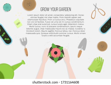 Vector illustration in flat cartoon style of hands and garden tools top view. For poster, design of page site, web and advertising banner, article,  card or flyer, promotion, mailing.