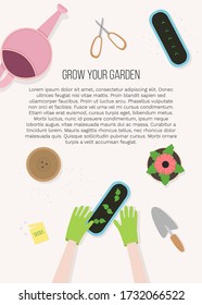 Vector illustration in flat cartoon style of hands and garden tools top view. For poster, design of page site, web and advertising banner, article,  card or flyer, promotion, mailing.