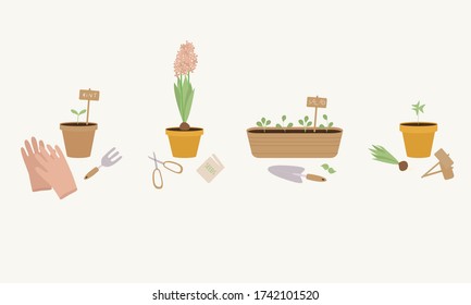 Ilustración vectorial al estilo de dibujos animados planos de elementos de jardinería. Juego de herramientas de jardín para afiches, diseño de sitio de página, banner, tarjeta o volante, promocional, correo, pegatinas y tarjetas, tarjeta de saludo.