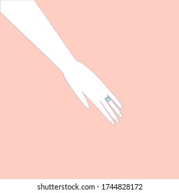 Ilustración vectorial en estilo de caricatura plana con la mano y el anillo de boda en fondo rosa. Para afiches, diseño de sitio web, banner web y publicitario, artículo, tarjeta o volante, promocional, correo.