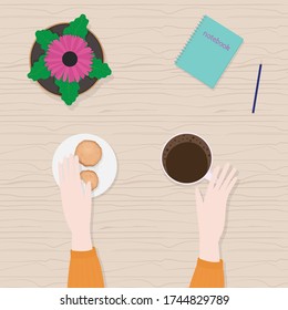Ilustración vectorial en forma de caricatura plana de las manos, taza de café, gerbera en olla, vista superior. Para afiches, diseño de sitio web, banner web y publicitario, artículo, tarjeta o volante, promocional, correo.