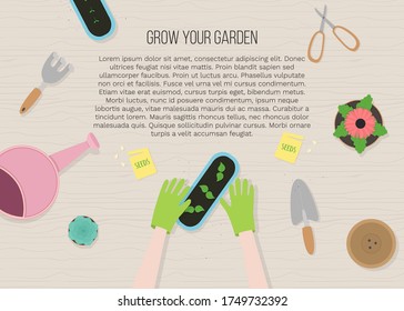 Vector illustration in flat cartoon style of hands and garden tools top view. For poster, design of page site, web and advertising banner, article,  card or flyer, promotion, mailing.