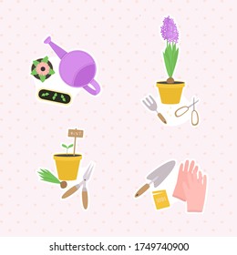 Vector illustration in flat cartoon style of gardening elements. Set of garden tools for poster, design of page site, banner, card or flyer, promotional, mailing, stickers and badges, greeting card.