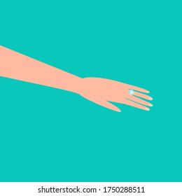 Ilustración vectorial en estilo de caricatura plana con la mano y el anillo de boda sobre fondo verde. Para afiches, diseño de sitio web, banner web y publicitario, artículo, tarjeta o volante, promocional, correo.