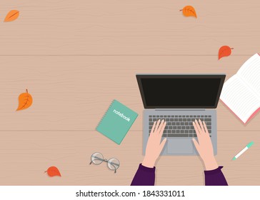 Vector illustration in flat cartoon style of hands, laptop top view and place for text. For poster, design of page site, web and advertising banner, article, card or flyer, promotion, mailing.