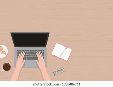 Vector illustration in flat cartoon style of hands, laptop top view and place for text. For poster, design of page site, web and advertising banner, article, card or flyer, promotion, mailing.