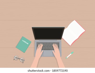 Ilustración vectorial en el estilo de dibujos animados planos de las manos, la vista superior de la laptop y el lugar para el texto. Para afiches, diseño de sitio web, banner web y publicitario, artículo, tarjeta o volante, promoción, correo.