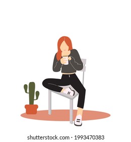 Ilustración vectorial al estilo de las caricaturas planas. chica disfrutando del tiempo bebiendo café en una silla. tiempo de relajación y bebida