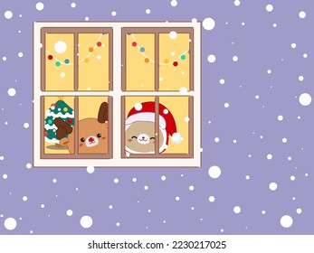 Ilustración vectorial estilo de dibujos animados planos, Feliz Navidad, ventana, salón de navidad árbol. Navidad y celebración de Año Nuevo.