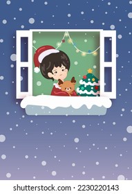 Vector illustration flat cartoon style, winter window, snowy weather. Woman is sitting on the windowsill hug the reindeer.