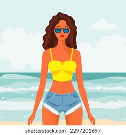 Vector illustration in flat cartoon style. Young pretty woman in a crop top and denim shorts, with a bare belly, is relaxing on the beach. Summer season.

