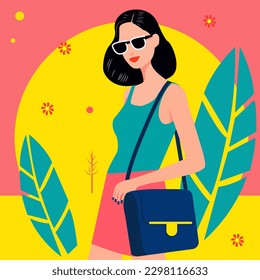 Vector illustration in flat cartoon style. Young pretty girl in comfortable fashionable clothes, with short hair on a walk.
