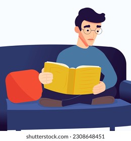 Vector illustration in flat cartoon style. A young handsome man in glasses sits on a sofa in a comfortable position and reads a book.
