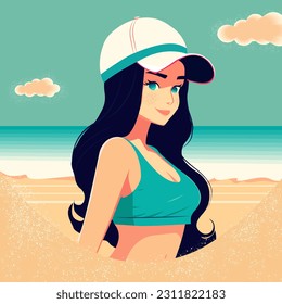 Ilustración vectorial al estilo de las caricaturas planas. Una bonita mujer de cabello largo y oscuro, con una gorra deportiva de moda y una pequeña cabecera, se relaja en una playa de verano.
