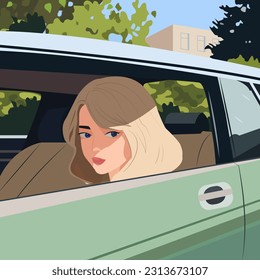 
Ilustración vectorial al estilo de las caricaturas planas. Una mujer joven y bonita de cabello blanco se sienta en un auto.