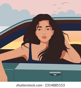 Vector illustration in flat cartoon style. A pretty young woman with her head leaning out of a car window, her hair fluttering in the wind. The concept of travel, summer fun, freedom and romance.