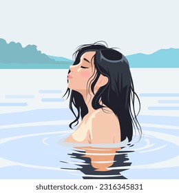 Vector illustration in flat cartoon style. Sexy young brunette with wet hair and naked body is standing in the water
