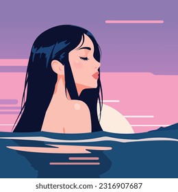 
Vector illustration in flat cartoon style. Young sexy long haired woman with naked body bathes in water at sunset of the day