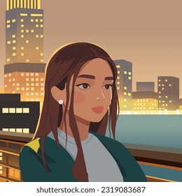 Vector illustration in flat cartoon style. Pretty young woman admiring the river
 and night city landscape