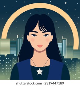 Ilustración vectorial al estilo de las caricaturas planas. Una joven astrólogo camina por la ciudad nocturna.