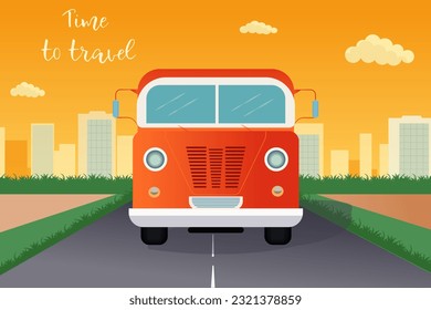 Vector illustration in flat cartoon style. The red bus is driving along the road. The concept of active tourism and travel by car. Poster in retro style with text time to travel.