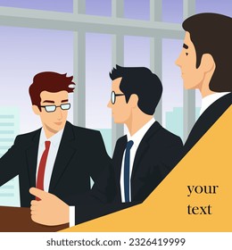 Vector illustration in flat cartoon style, a group of handsome successful male businessmen at a meeting in an office building. Social media banner with place for your text.

