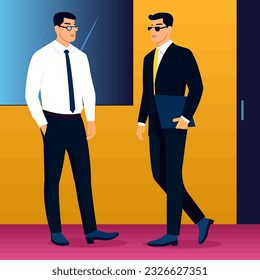 Ilustración vectorial al estilo de las caricaturas planas. Dos jóvenes y apuestos hombres de negocios con anteojos y ropa de negocios clásica se comunican en el espacio de oficinas.
