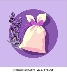 Ilustración vectorial en forma de caricatura plana, una bolsa de lavanda con un arco y ramas florales sobre un fondo lila.
