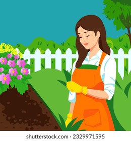Vector illustration in flat cartoon style, cute young girl gardener working in the garden.