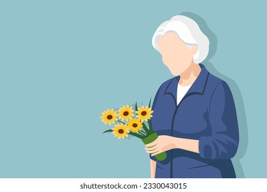 Ilustración vectorial en un estilo de caricatura plana, anciana pensionista de cabello gris de más de 60 años con un ramo de flores en un fondo azul pastel.
