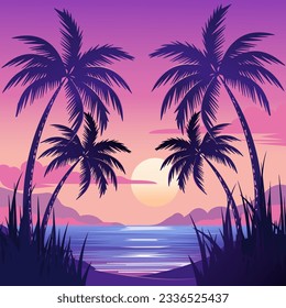 Vector illustration in flat cartoon style. Banner with romantic summer seascape, tropical palm trees on sunset background.