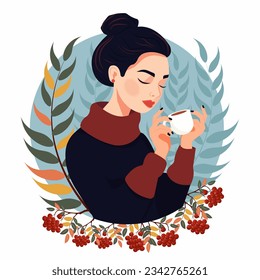 Vector illustration in flat cartoon style. A pretty young woman in a warm knitted sweater with fragrant coffee in her hands against the background of autumn plants and rowan berries.
